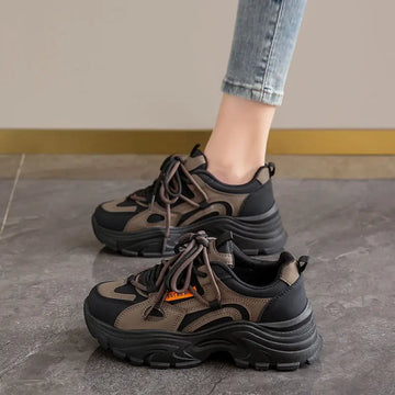 Xajzpa Women's Leather Dad Shoes Spring Autumn Lightweight Cotton Breathable Comfortable Casual Sports Sneakers